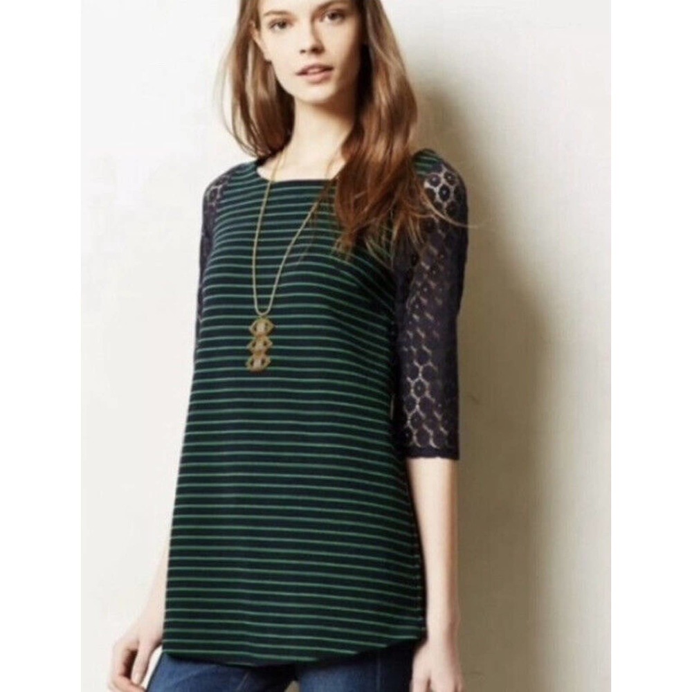 Anthropologie Postmark Tunic Top M Green Navy Blue Stripe Lace Sleeve Zip Back